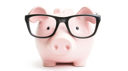 A cute pink piggy bank wearing glasses, symbolizing savings, financial literacy, and smart money...