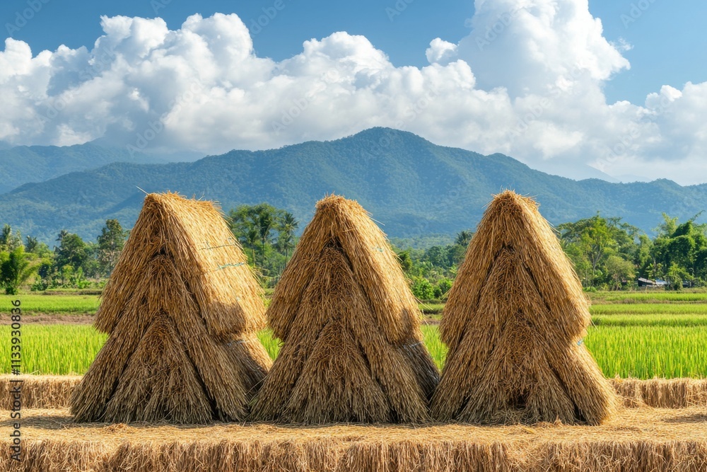 Aufkleber neatly stacked bundles of paddy in a field under warm midday light with distant mountains creating a