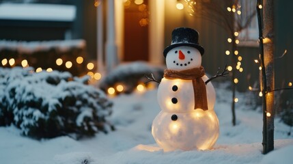 Obraz premium festive snowman with lights in winter landscape