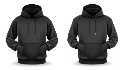 Two black hoodies, front view, isolated on white background.