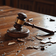 A broken gavel on a table, representing corruption, failed justice, or the downfall of legal systems