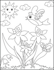Flower coloring page black-white sketch illustration vector.