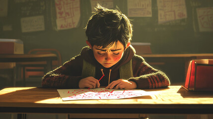 A child sitting at a school desk with a sad expression, looking at a paper covered in red marks, the classroom dimly lit.