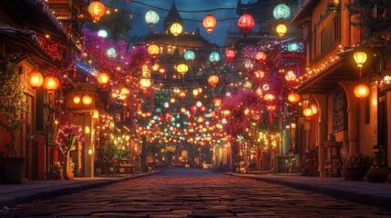 A Cobblestone Street Adorned with Vibrant Lanterns in a Festive Asian City