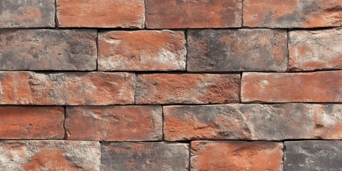 Fototapeta premium Aged red brick wall with rough textures, visible weathering, and faded mortar, exuding a timeless industrial or rustic vibe