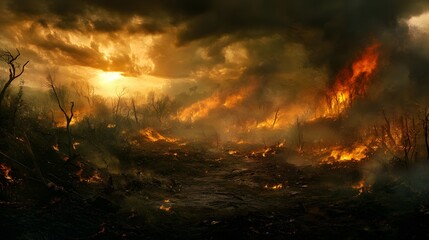 Fiery Wildfire Consumes Forest Under Dramatic Sunset Sky