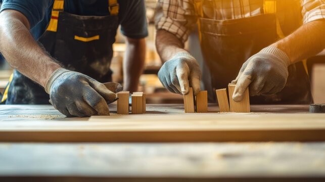 An apprentice and instructor side by side, fine-tuning a woodworking project using clamps, the bright workshop filled with warm light and wooden textures - Powered by Adobe