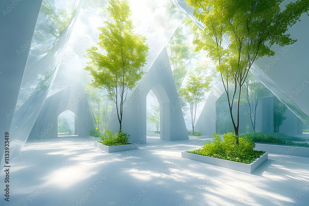 Poster a serene, modern space with translucent structures and lush greenery, inviting tranquility.