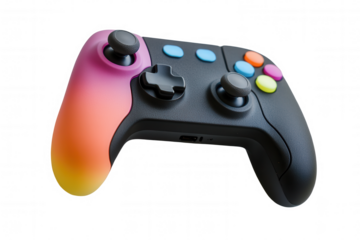 Isolated on a transparent background. Colorful gaming controller with gradient design and vibrant buttons.