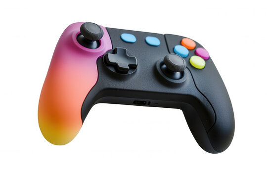 Isolated on a transparent background. Colorful gaming controller with gradient design and vibrant buttons.