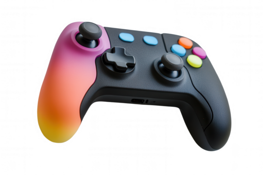 Isolated on a transparent background. Colorful gaming controller with gradient design and vibrant buttons.