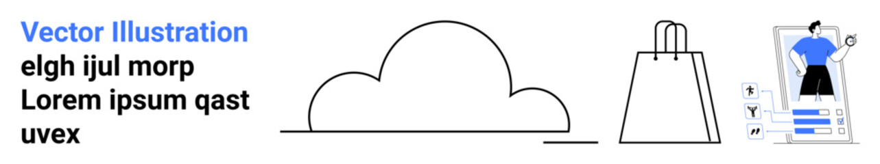 Cloud icon representing storage, shopping bag symbolizing e-commerce, and phone screen showing user profile. Ideal for tech services, online shopping, digital identity, app interfaces, data storage