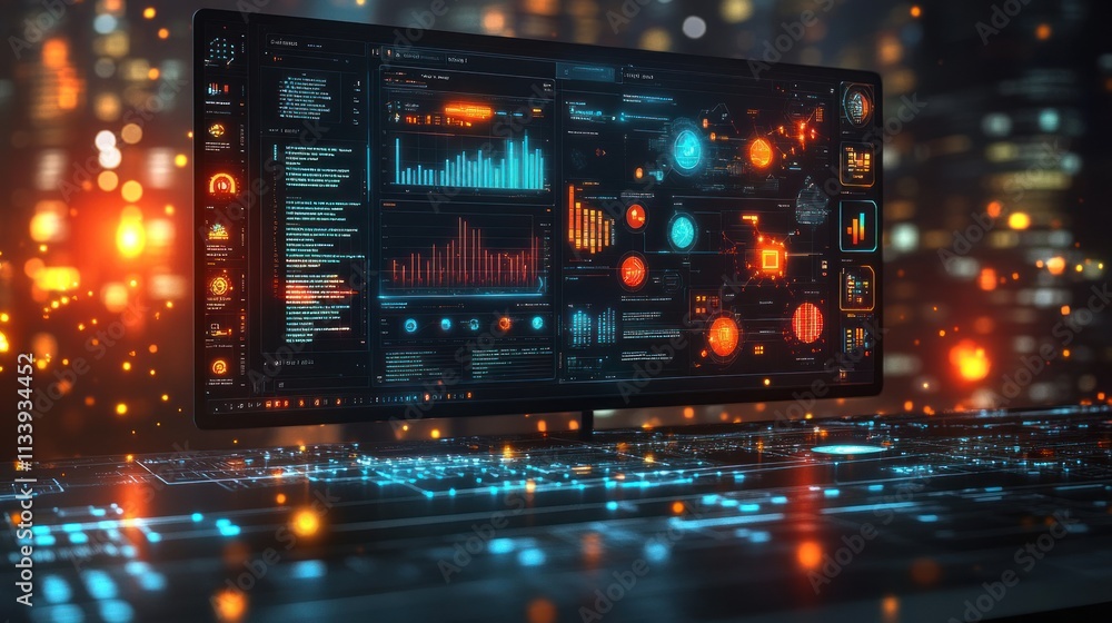 Poster futuristic data visualization on a sleek desktop at night