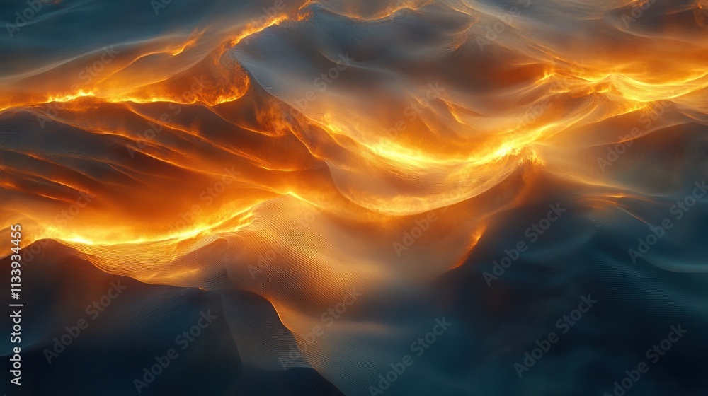Poster a mesmerizing view of glowing waves, resembling flowing lava in an abstract landscape.