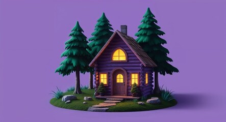 Naklejka premium A tiny forest cabin with glowing windows in a plain purple background