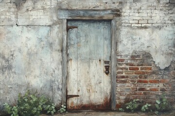 Antique wooden door with natural aging, faded paint, metal accents with rust, and a textured brick surround, evoking historical elegance