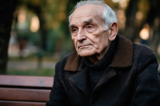 An elderly man in a dark coat sits thoughtfully on a park bench under soft autumn sunlight. The serene atmosphere is enhanced by the surrounding trees, creating a moment of quiet reflection in the par
