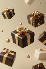 Floating gift boxes with gold ribbons and ornaments.