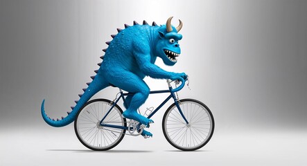 Naklejka premium Blue monster riding a bicycle in plain silver background