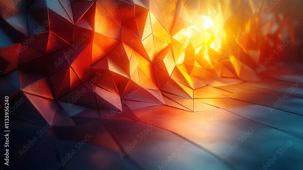 Poster abstract geometric shapes with vibrant lighting creating a dynamic visual effect.