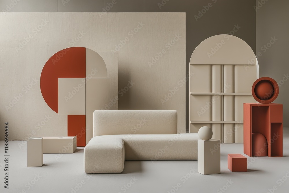 Poster soft light gray sofa surrounded by geometric decor elements in a minimal indoor setting with warm so