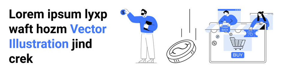 Text in mixed colors, person holding document, large coin, two people at online checkout with credit card and shopping cart. Ideal for e-commerce, finance, marketing, digital shopping, online