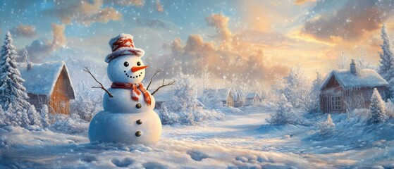 Obraz premium beautiful winter landscape with a snowman in a snowy setting