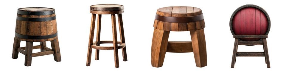 Collection of Wooden Vintage Barrel Stools and Chairs in Rustic Farmhouse or Country Style for Home Bar Pub or Winery Interior Decor and Furnishings