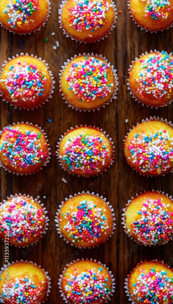 Poster a colorful array of cupcakes topped with vibrant sprinkles on a wooden surface.