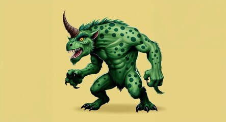 Fototapeta premium Green spotted monster with a single horn in plain yellow background