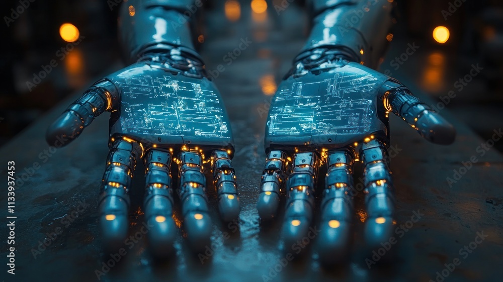Poster close-up of futuristic robotic hands with glowing circuits, resting on a dark surface.