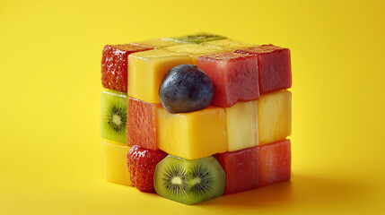 Fruit puzzle cubes arranged from different fruit cubes isolated on a yellow background