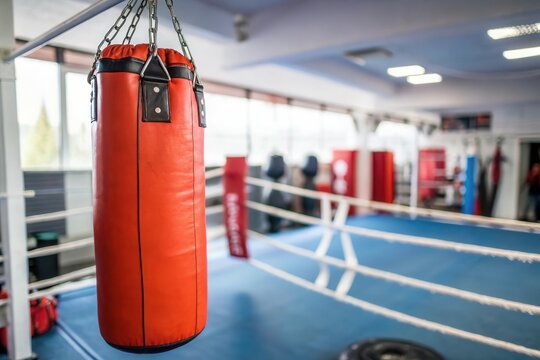 Boxing gym with red heavy bag in focus in bright training area. - Powered by Adobe