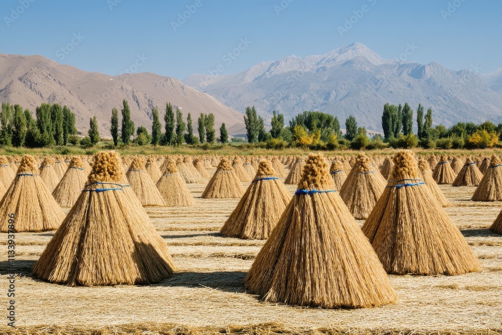 Poster stacked paddy bundles neatly arranged in warm midday light with distant mountains creating a serene 