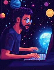 A flat illustration of an American adult man with glasses, sitting at his laptop in a dark room and typing on it