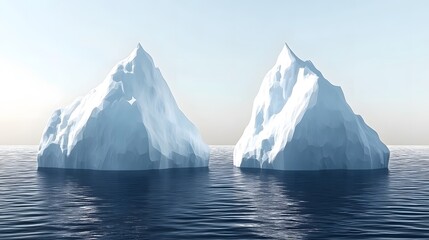 Two majestic icebergs float in calm ocean waters under a clear sky.