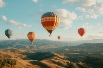 Obraz premium Colorful hot air balloons floating over scenic mountain landscape at sunset.