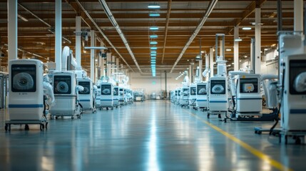Obraz premium Numerous ventilators and respirators arranged systematically in a warehouse with polished floors and pristine white walls, symbolizing healthcare infrastructure