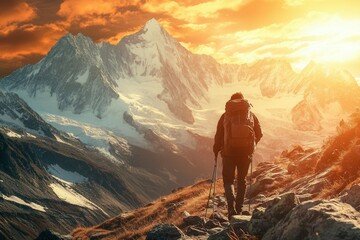 Fototapeta premium Male hiker exploring scenic mountain sunset with snowy peaks in autumn.