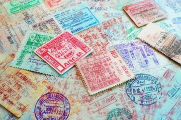 Obraz premium Colorful vintage postage stamps on textured background.