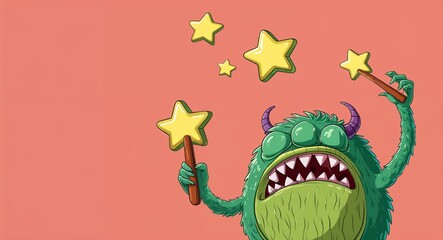 Obraz premium Round green monster juggling stars in plain coral background