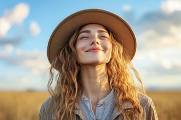 Woman with curly hair and hat enjoys sunny outdoor moment in golden field under blue sky