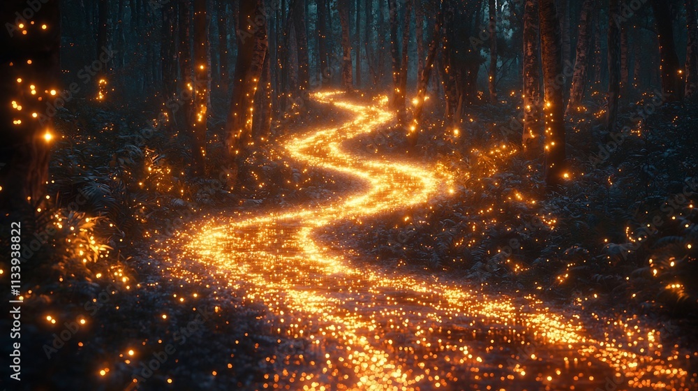 Poster glowing river of light flowing through enchanted forest symbolizing new beginnings