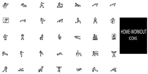 Home workout simple concept 35 icons set. Contains such Weight Lifting, Running, Swimming, walking, stretching etc .Vector illustration.