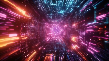 Obraz premium Neon light tunnel with futuristic digital patterns and energetic glow.