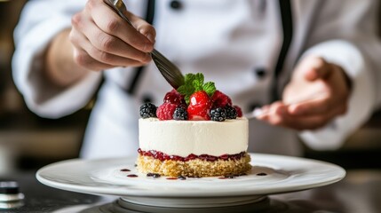 Refined culinary concept in a luxury hotel, chefs in elegant uniforms, premium kitchen tools, intricate meal preparation, and warm lighting details