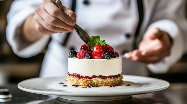 Refined culinary concept in a luxury hotel, chefs in elegant uniforms, premium kitchen tools, intricate meal preparation, and warm lighting details