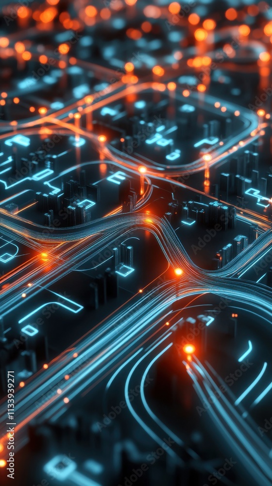 Poster abstract technology background with neon blue and orange lights on circuit board, digital concept wi