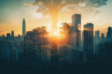 Urban sunset skyline with tree silhouette and towering skyscrapers.
