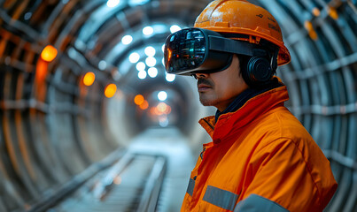 A worker in a tunnel wearing a VR headset for training or simulation.
